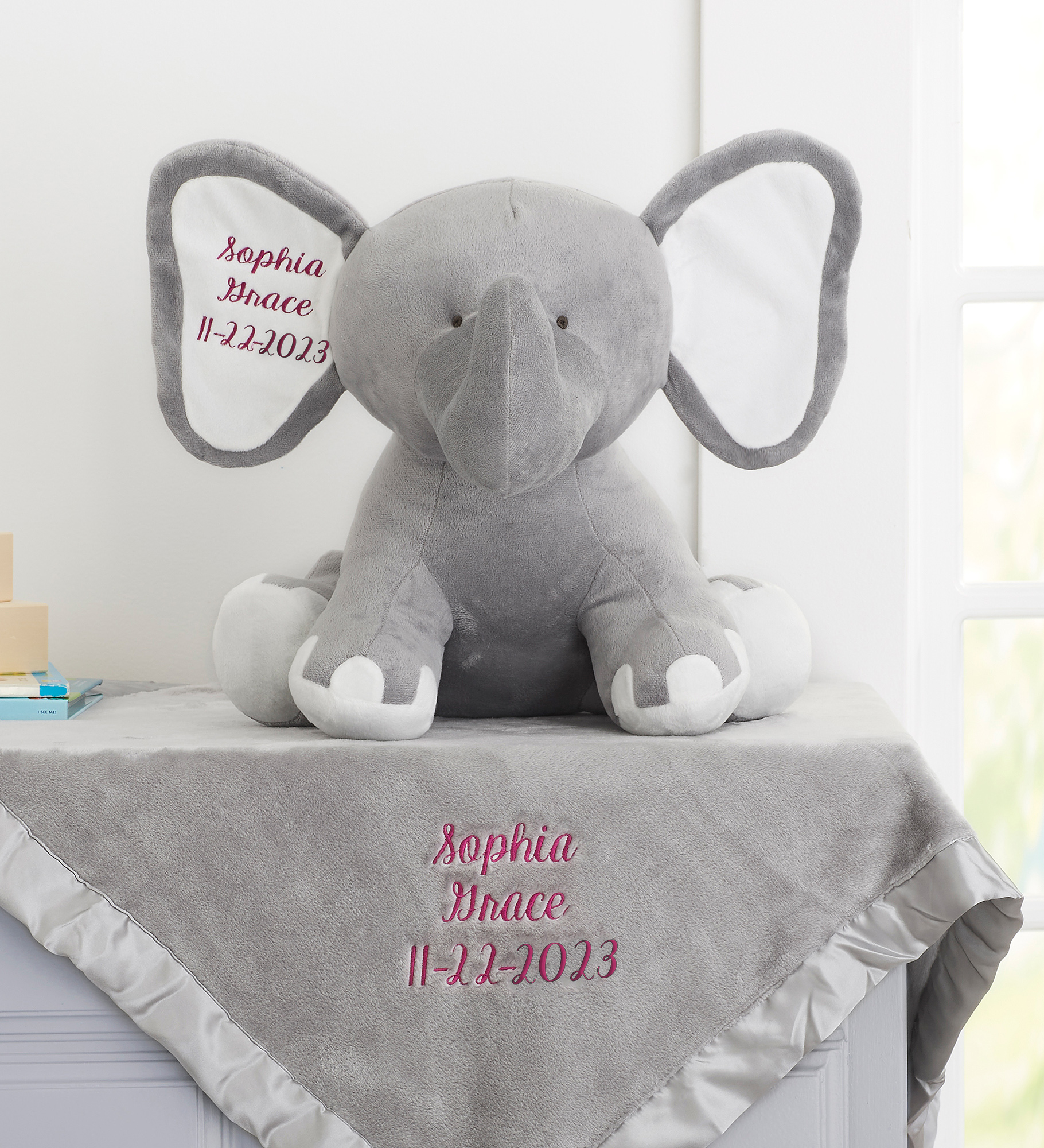 Embroidered Satin Trim Baby Blanket with Jumbo Plush Elephant Set